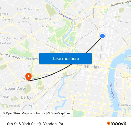 10th St & York St to Yeadon, PA map
