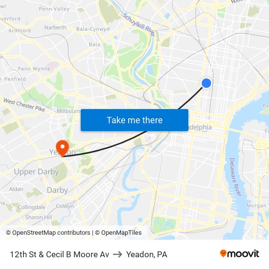 12th St & Cecil B Moore Av to Yeadon, PA map