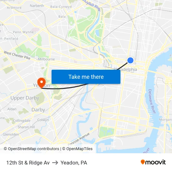 12th St & Ridge Av to Yeadon, PA map