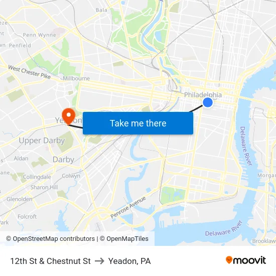 12th St & Chestnut St to Yeadon, PA map