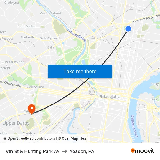 9th St & Hunting Park Av to Yeadon, PA map