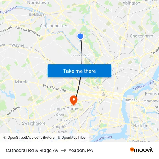 Cathedral Rd & Ridge Av to Yeadon, PA map