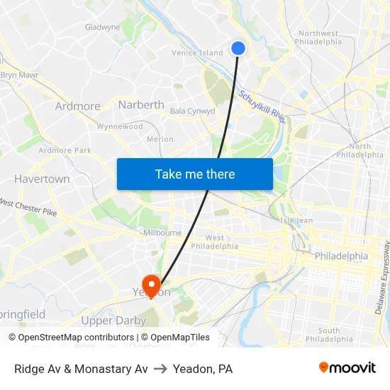 Ridge Av & Monastary Av to Yeadon, PA map