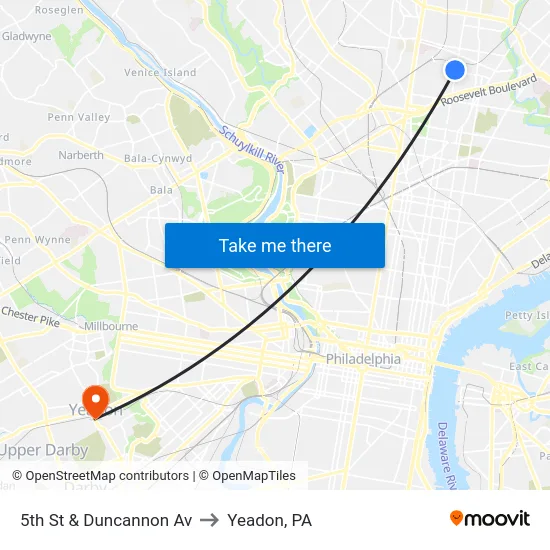 5th St & Duncannon Av to Yeadon, PA map