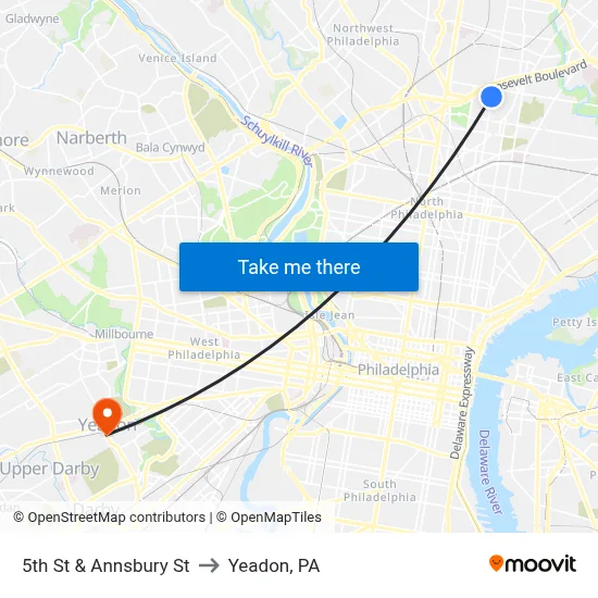5th St & Annsbury St to Yeadon, PA map