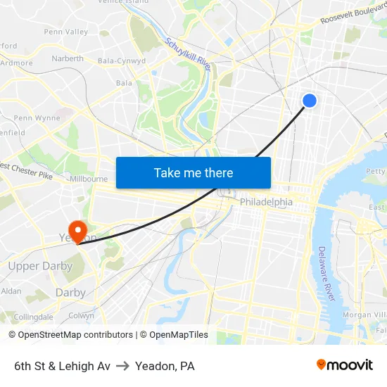 6th St & Lehigh Av to Yeadon, PA map