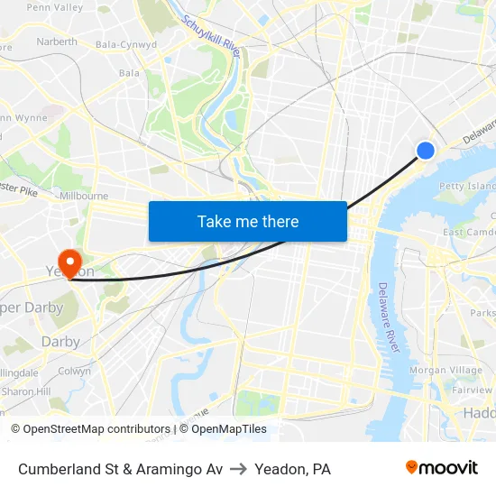 Cumberland St & Aramingo Av to Yeadon, PA map