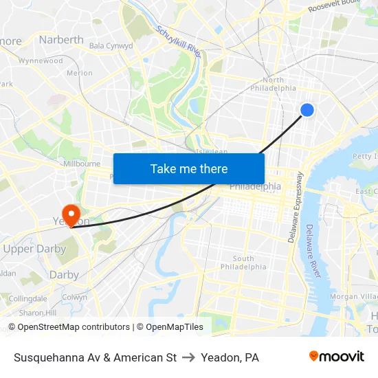 Susquehanna Av & American St to Yeadon, PA map