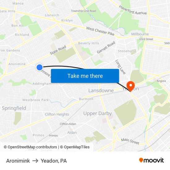 Aronimink to Yeadon, PA map