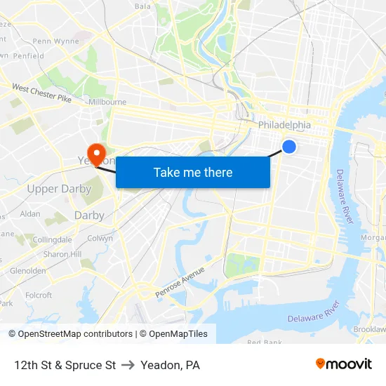 12th St & Spruce St to Yeadon, PA map