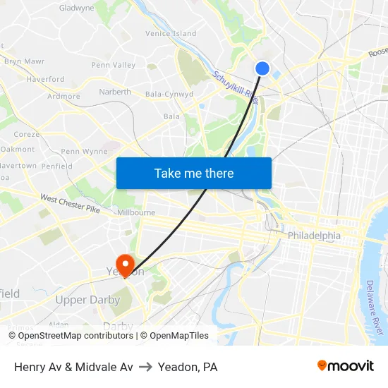 Henry Av & Midvale Av to Yeadon, PA map