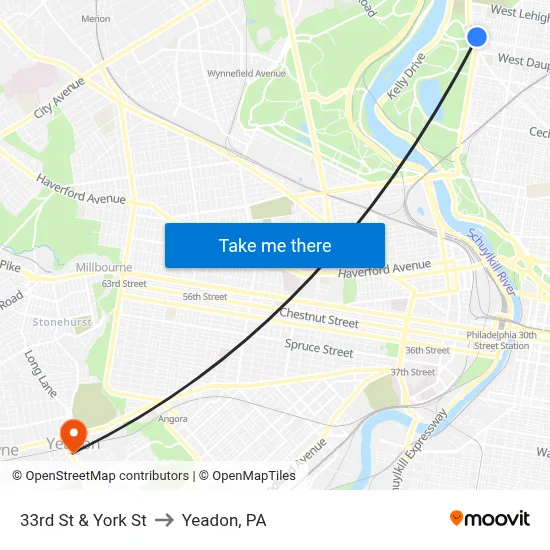 33rd St & York St to Yeadon, PA map