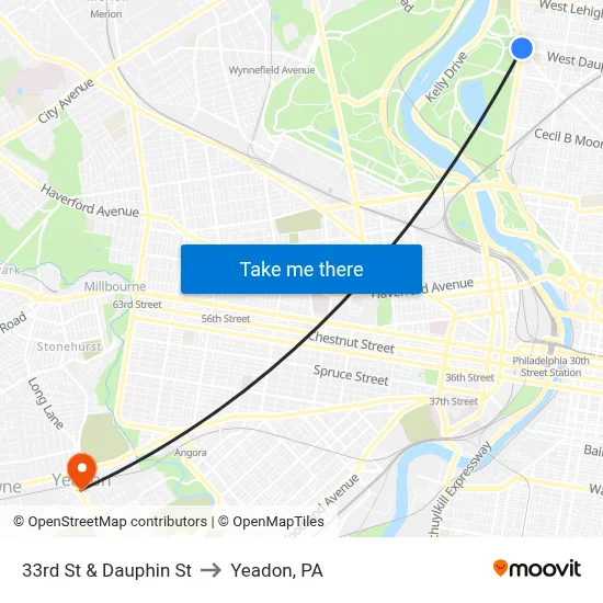 33rd St & Dauphin St to Yeadon, PA map