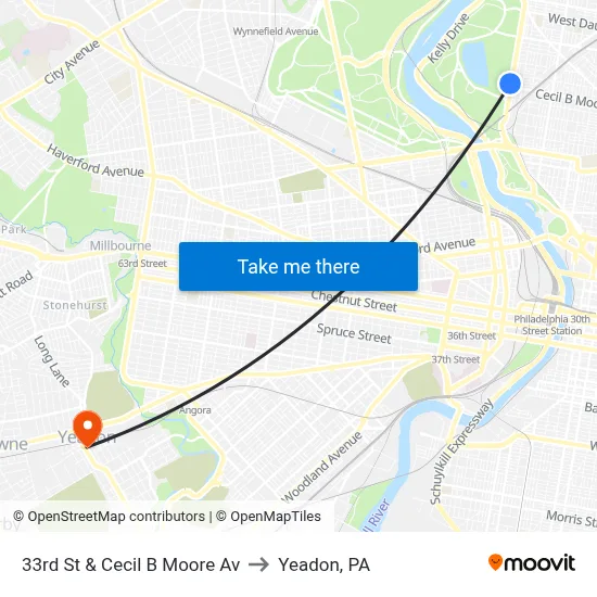 33rd St & Cecil B Moore Av to Yeadon, PA map