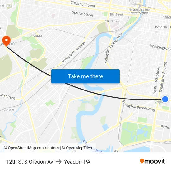 12th St & Oregon Av to Yeadon, PA map