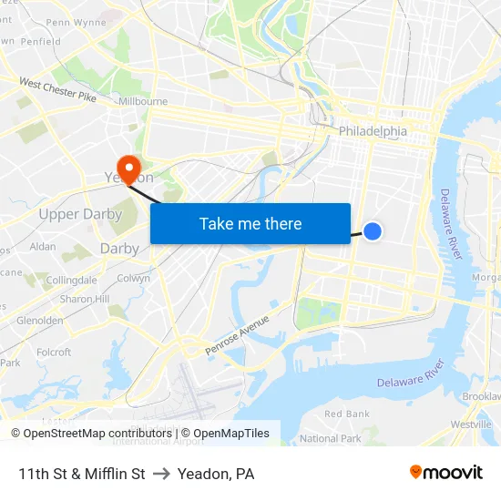 11th St & Mifflin St to Yeadon, PA map