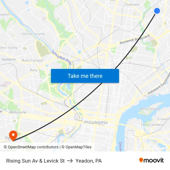 Rising Sun Av & Levick St to Yeadon, PA map