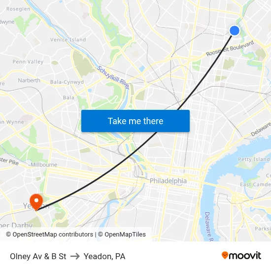 Olney Av & B St to Yeadon, PA map