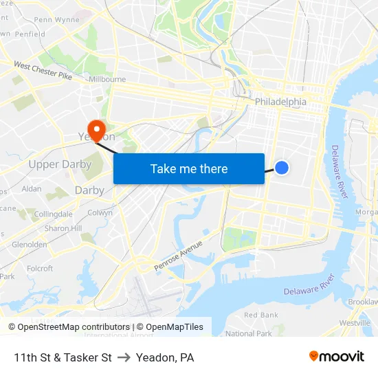11th St & Tasker St to Yeadon, PA map