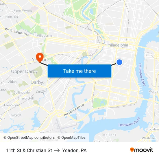 11th St & Christian St to Yeadon, PA map