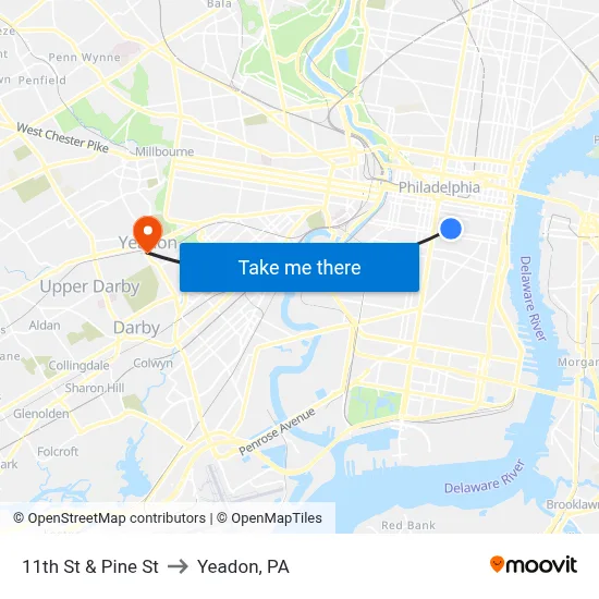 11th St & Pine St to Yeadon, PA map