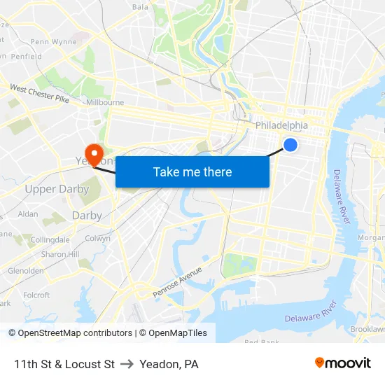 11th St & Locust St to Yeadon, PA map