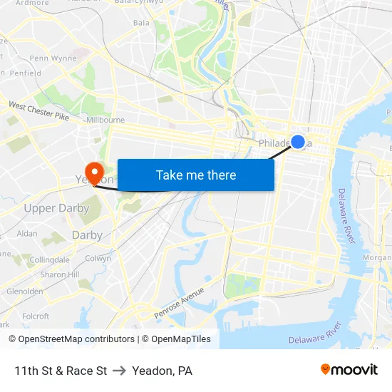 11th St & Race St to Yeadon, PA map