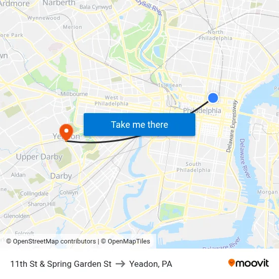 11th St & Spring Garden St to Yeadon, PA map