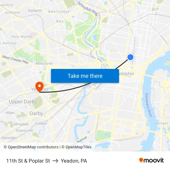 11th St & Poplar St to Yeadon, PA map