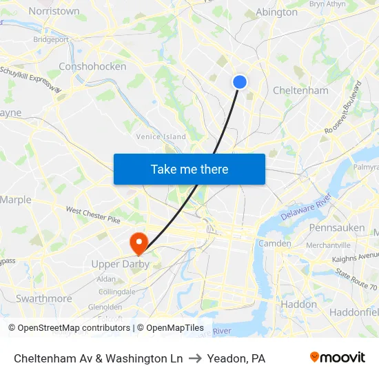Cheltenham Av & Washington Ln to Yeadon, PA map