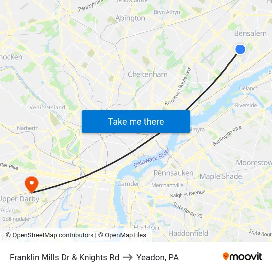 Franklin Mills Dr & Knights Rd to Yeadon, PA map
