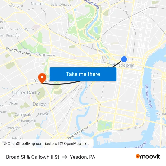 Broad St & Callowhill St to Yeadon, PA map