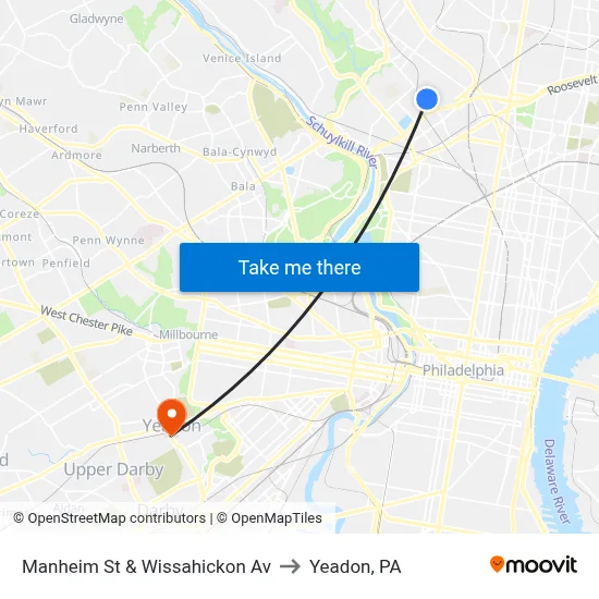 Manheim St & Wissahickon Av to Yeadon, PA map