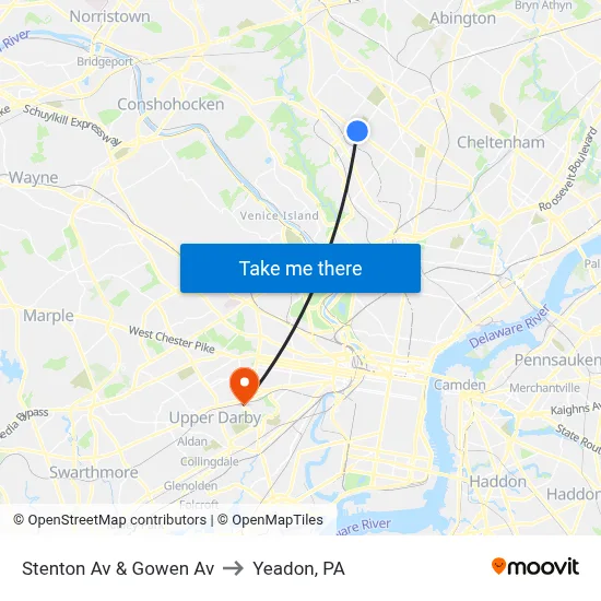 Stenton Av & Gowen Av to Yeadon, PA map
