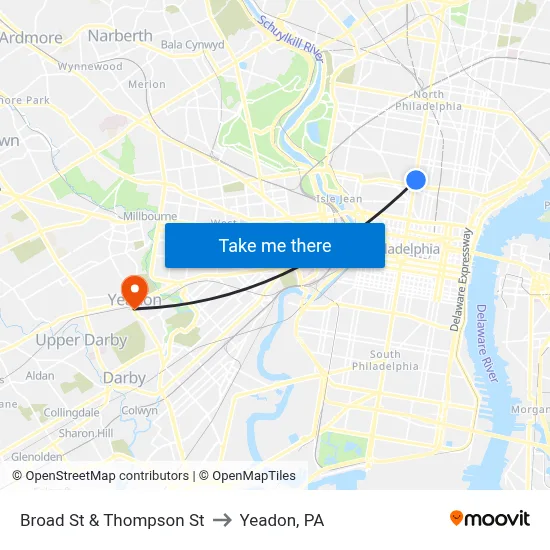 Broad St & Thompson St to Yeadon, PA map