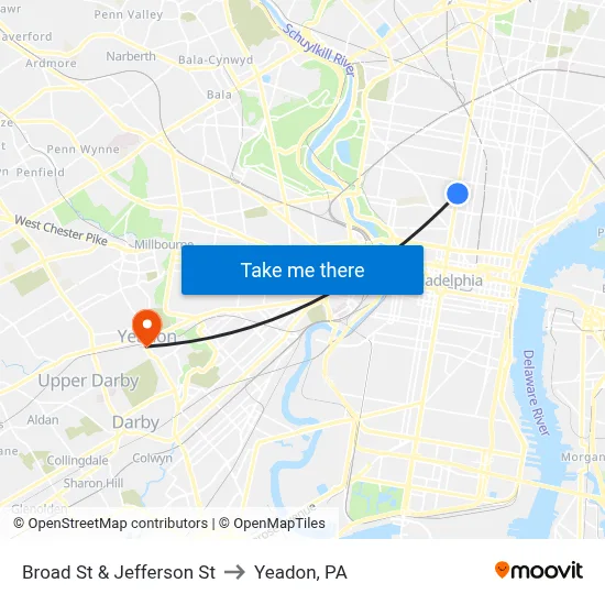 Broad St & Jefferson St to Yeadon, PA map