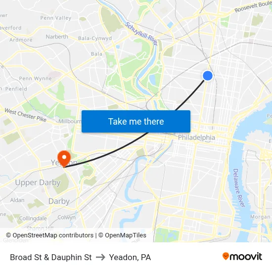 Broad St & Dauphin St to Yeadon, PA map