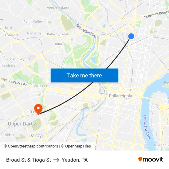 Broad St & Tioga St to Yeadon, PA map