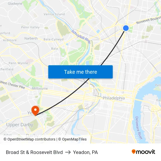 Broad St & Roosevelt Blvd to Yeadon, PA map