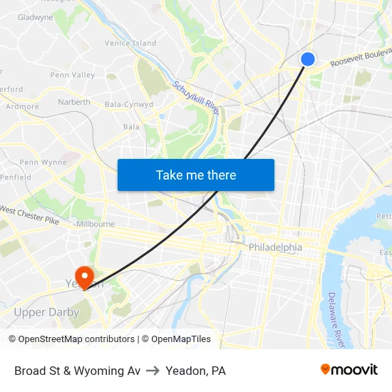 Broad St & Wyoming Av to Yeadon, PA map