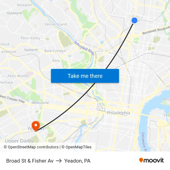 Broad St & Fisher Av to Yeadon, PA map