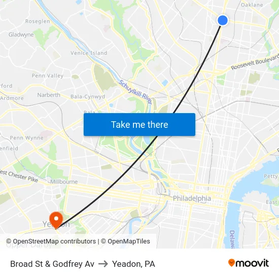 Broad St & Godfrey Av to Yeadon, PA map