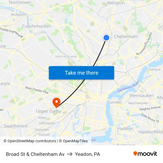 Broad St & Cheltenham Av to Yeadon, PA map