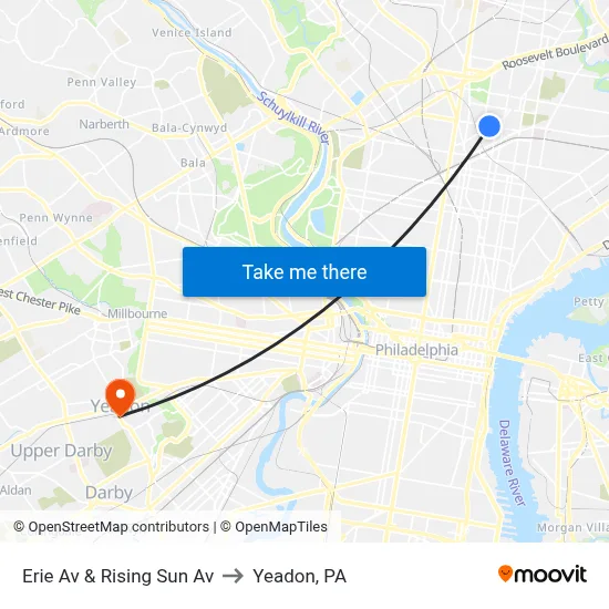 Erie Av & Rising Sun Av to Yeadon, PA map