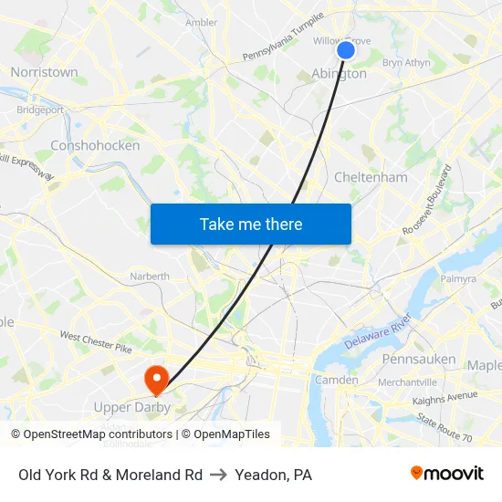 Old York Rd & Moreland Rd to Yeadon, PA map