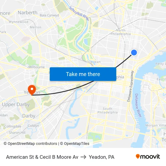 American St & Cecil B Moore Av to Yeadon, PA map