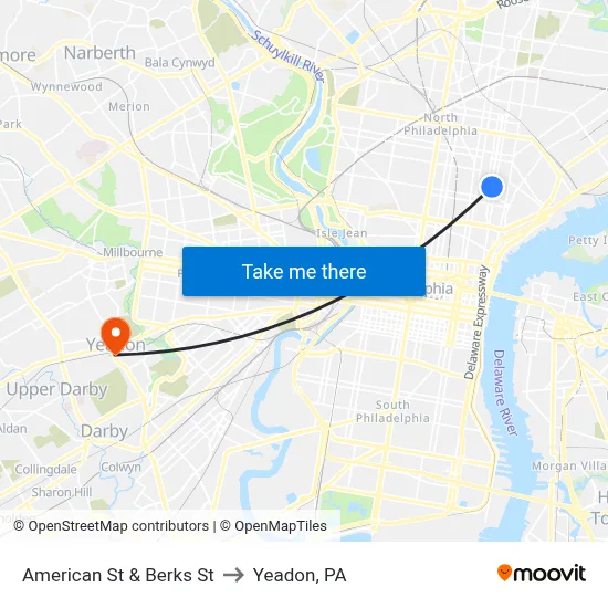 American St & Berks St to Yeadon, PA map