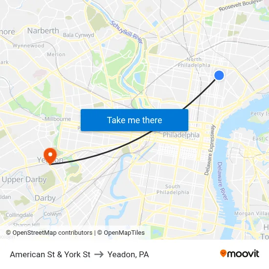 American St & York St to Yeadon, PA map