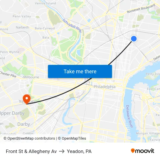 Front St & Allegheny Av to Yeadon, PA map