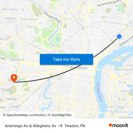Aramingo Av & Allegheny Av to Yeadon, PA map